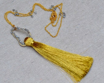 Natural Silk Gold Tassel Necklace. Labradorite Wire Wrapped Necklace. 14K Gold Filled Chain.