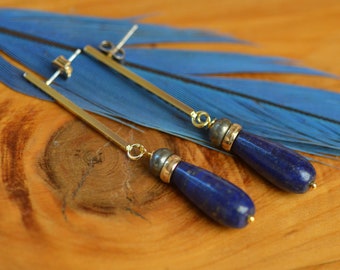 Lapis Lazuli Gold Bar Earrings.  Indigo Blue Lazurite Teardrop Earrings. Gold Post Posts.