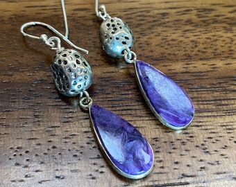 Charoite teardrop silver earrings. Purple charoite silversmith earrings. Large charoite oxidized silver earrings. Fine jewelry.