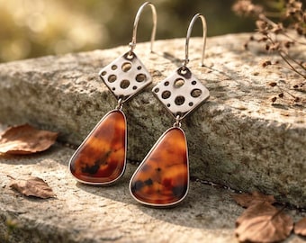 Pendientes geométricos de ágata en plata de ley. Joyería de platería de ágata de Montana.