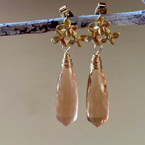 Morganite gold earrings. Extra large peach beryl earrings. Genuine morganite teardrops. Fine jewelry.