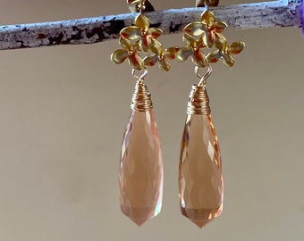 Morganite gold earrings. Extra large peach beryl earrings. Genuine morganite teardrops. Fine jewelry. Quiet luxury.