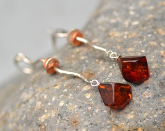 Amber silver bar earrings. Baltic amber on a silver twig earrings.  Contemporary lever back sterling earrings.