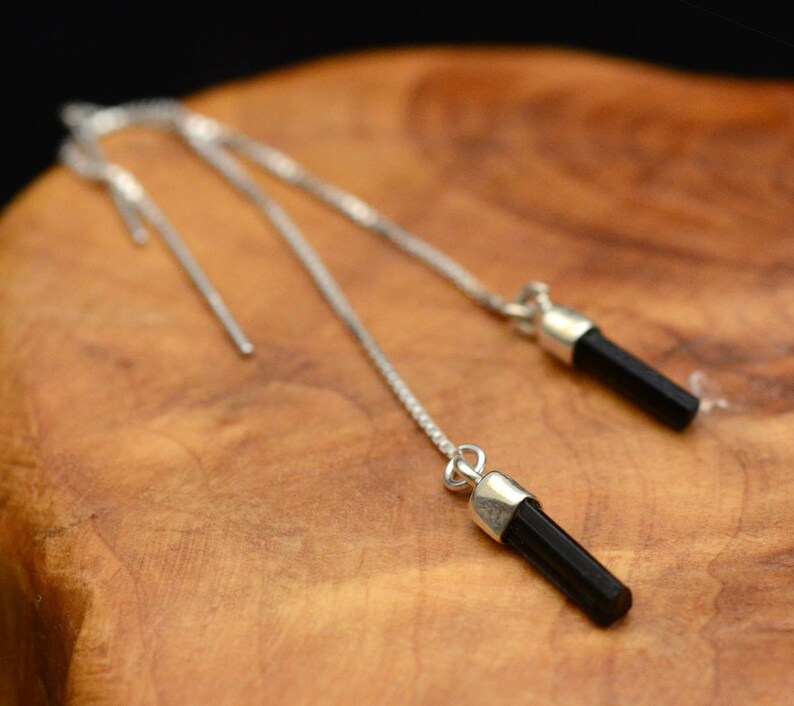 Black Tourmaline Earrings Sterling Silver Threader Prism Gemstone Earrings Tourmaline Threaders Minimalist Ear Threaders.
