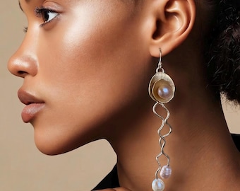 Water Lily Pearl Earrings, Gold Flower, Sterling Silver Post