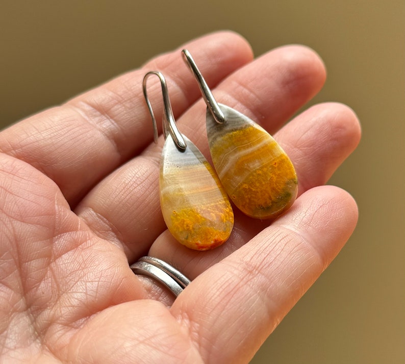 Bumble Bee Jasper Silver Earrings. Yellow Teardrop Tiger Jasper Sterling Earrings. Minimalist Gemstone Earrings. Pinch Bail Hook Closure. image 9