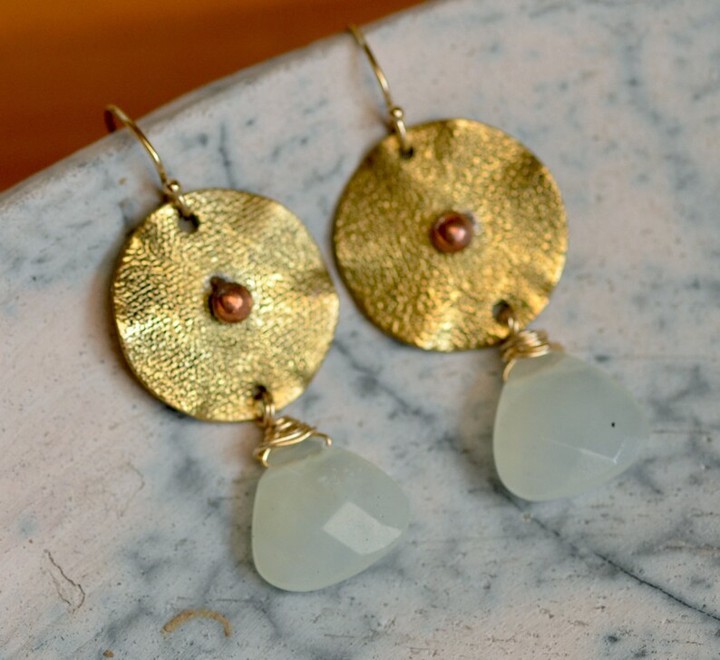 March birthstone LIME LIGHT Handmade jewelry. Teardrop gemstone earrings Brass and 14K gold filled earrings Aquamarine earrings