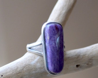 Large Charoite Silver Ring. Purple Rectangle Charoite Cocktail Ring.  Silversmith Fine Jewelry. Size: 7.75.