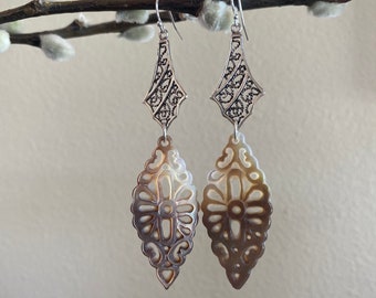 Hand carved brown mother of pearl earrings. Filigree  large MOP sterling silver earrings. Fine  jewelry