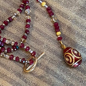 Faberge Egg Necklace. CZARINA. Authentic Hand Painted Enamel Egg Pendant. Garnet Statement 14k Gold Filled  Lariat. Unique Easter Gift.