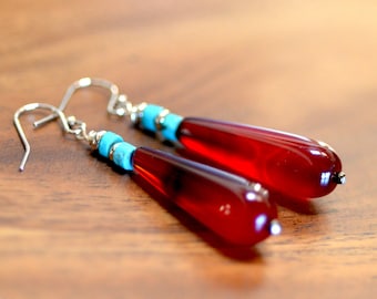 Red agate teardrop silver earrings. Turquoise and agate sterling earrings. Smooth gemstone teardrops. Simple minimalist earrings.