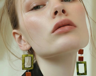 Asymmetrical Abstract Mother of Pearl Silver Earrings. Oversized Geometric Jewelry.