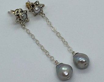 Gray pearl ear jackets earrings. Mismatched fresh water pearl teardrop post earrings. Pearl silver star studs. Wedding jewelry.