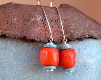 Pink coral silver open hoop earrings. Large salmon color coral turquoise earrings. Sterling hoop  gemstone earrings.