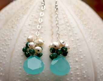 Blue chalcedony teardrop silver earrings. Green onyx, white pearl cluster earrings on sterling chain. Faceted chalcedony dangle earrings.