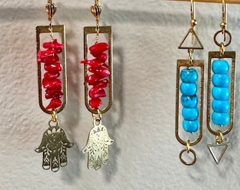 Hamsa red coral brass earrings.  Geometric long abstract earrings. Hamsa hand protection good luck earrings. Statement modern gold earrings