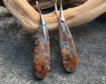 Large Red Creek Jasper Silver Earrings. Red & Green Minimalist Teardrop Earrings.  Earthy Organic  Earrings. Lever  Back Sterling  Closure.