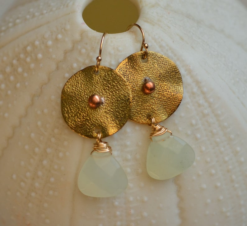 March birthstone LIME LIGHT Handmade jewelry. Teardrop gemstone earrings Brass and 14K gold filled earrings Aquamarine earrings