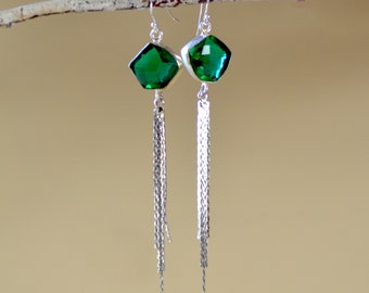 Quartz Metal Tassel Earrings. Geometric Emerald Green Faceted Quartz Earrings. Long Silver Overlay Tassel Earrings.