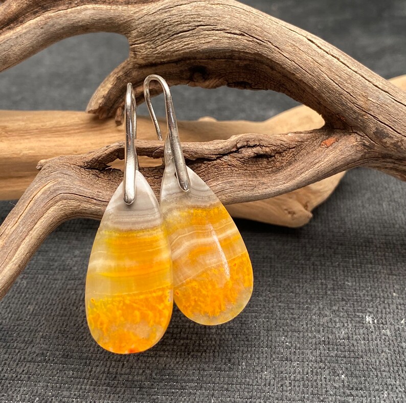 Bumble Bee Jasper Silver Earrings. Yellow Teardrop Tiger Jasper Sterling Earrings. Minimalist Gemstone Earrings. Pinch Bail Hook Closure. image 1