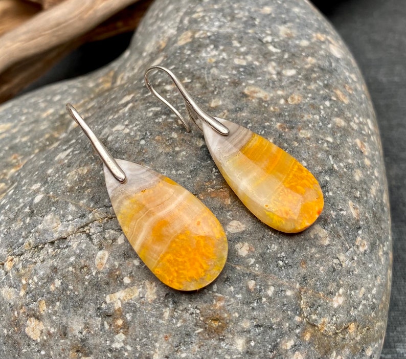 Bumble Bee Jasper Silver Earrings. Yellow Teardrop Tiger Jasper Sterling Earrings. Minimalist Gemstone Earrings. Pinch Bail Hook Closure. image 4