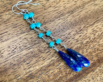 Lapis lazuli blue silver teardrop  earrings. Turquoise and faceted lapis sterling earrings. Long lazurite gemstone dangle earrings.