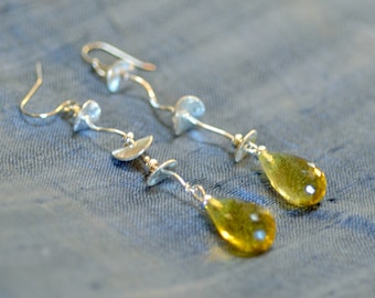 Lemon quartz  large teardrop earrings. Sterling silver long twigs earrings. Genuine faceted lemon quartz earrings.
