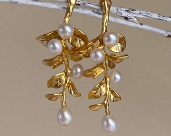 White pearl cluster gold post earrings. Flower branch earrings. Half drilled fresh water pearls. Wedding jewelry. Jewelry gift.