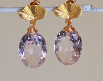 Rose quartz gold post earrings. Gingko leaf earrings. Faceted oval genuine pink quartz earrings. Fine jewelry.