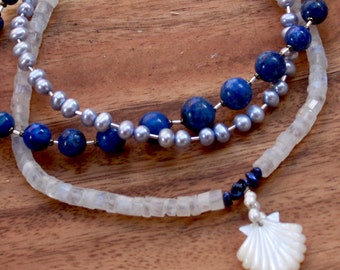 Multi stranded Gemstone Silver Necklace. Moonstone, Pearl, Lapis Lazuli. Blue and White Necklace. Carved Mother of Pearl Shell Pendant.