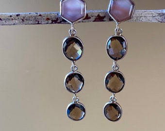 Smoky and rose quartz earrings. Sterling silver post earrings. Genuine gemstone silversmith earrings. 4 tier long earrings. Fine jewelry.