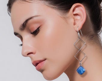 Blue Kyanite Sterling Earrings. Geometric Silversmith Jewelry.