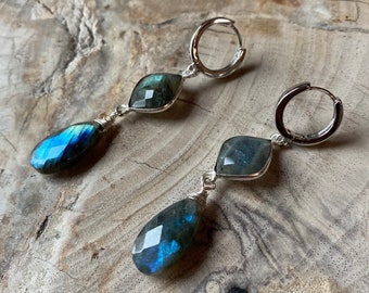 Large Labradorite Earrings. Silver Double Tear Faceted Blue Labradorite Earrings. Latch Back Huggies. Fine Luxury Jewelry.