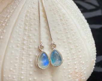 Moonstone sterling ear threaders. Blue  teardrop gemstone  threader earrings. Silversmith minimalist jewelry.