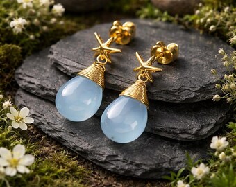 Aqua blue chalcedony drop gold earrings. Dainty starfish push back. Natural smooth chalcedony jewelry.