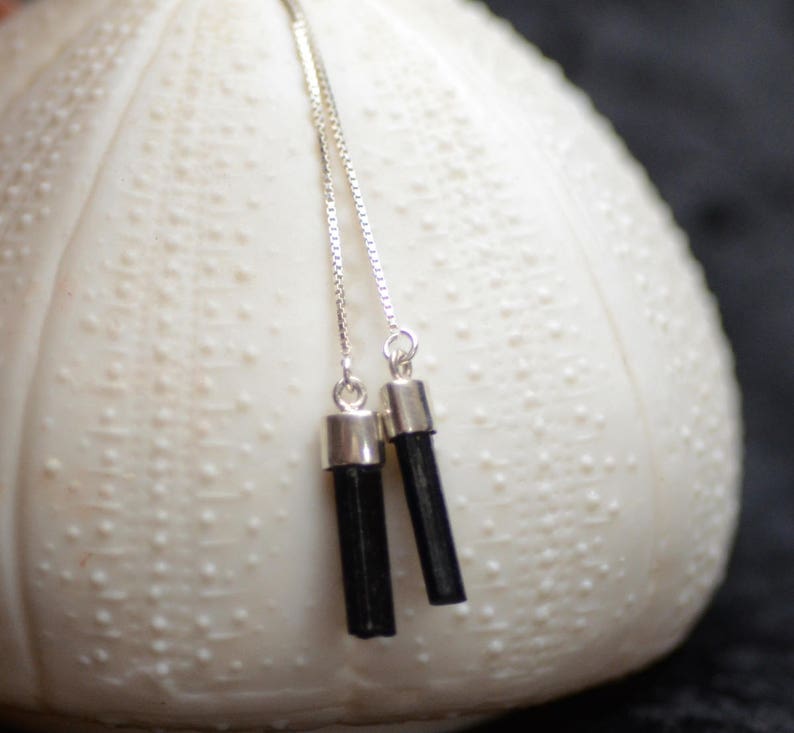 Black Tourmaline Earrings Sterling Silver Threader Prism Gemstone Earrings Tourmaline Threaders Minimalist Ear Threaders.