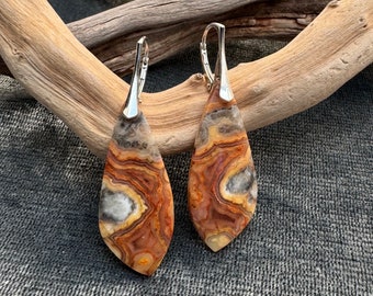 Crazy lace agate silver earrings.  Large gray beige agate earrings. Minimalist nature inspired jewelry. Latch back closure.