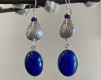 Large Lapis Lazuli Earrings. Silver Sea Shell Earrings. Navy Blue Smooth Lapis Lazuli Cabochon Earrings. Silversmith Lazurite Earrings.