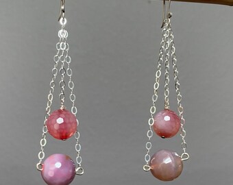 Pink agate chandelier silver earrings. Faceted agate roundels on sterling silver chain earrings.