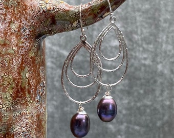 Black Pearl Hoop Earrings. Fresh Water Pearl Silver or Gold Hoop Earrings. Black Purple Gemstone Earrings.