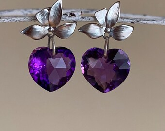 Amethyst hearts silver post earrings. Genuine large deep purple amethyst. February Birthstone.  Valentine’s Day gift.
