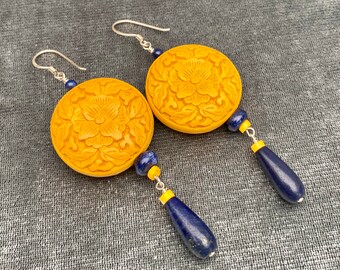 Yellow cinnabar lapis lazuli earrings. Large carved cinnabar silver earrings. Deep blue lazurite teardrop earrings. Stand with Ukraine.