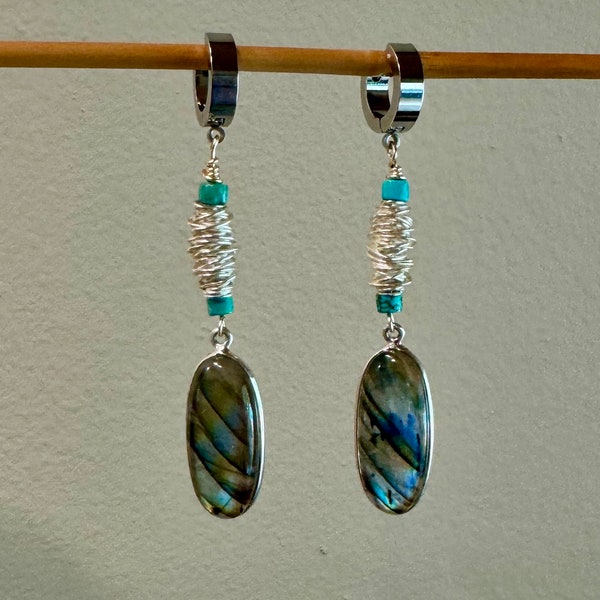 Large Labradorite Sterling Earrings. Blue Gold  Smooth Oval Labradorite. Silver Wire Wrapped  Earrings. Latch Back Huggies. Fine  Jewelry.