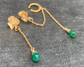 Green Onyx Teardrop Gold Ear Cuff Earrings. Clip On Chain Earrings. Asymmetrical Pave Gold Earrings. Flower earrings.