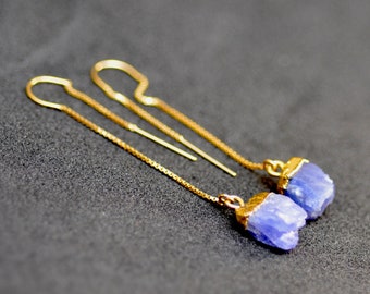Raw Blue Tanzanite Gold Threaders. Tanzanite Threader Earrings. Rough Lavender Tanzanite Gemstone Organic Earrings.