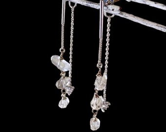 Herkimer Diamond Ear Jacket Earrings. Silver Bar Raw Gemstone Earrings. Cubic Zirconia Ear Jackets. Herkimer Diamond Prism Shaped Earrings.