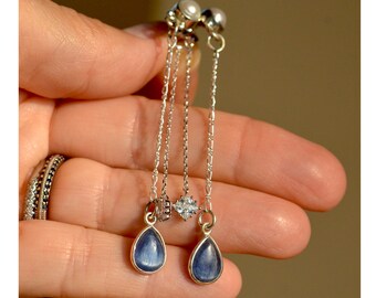 Kyanite ear jacket  silver earrings.  Blue kyanite teardrop silversmith earrings. Kyanite, white pearl and zircon sterling chain earrings.