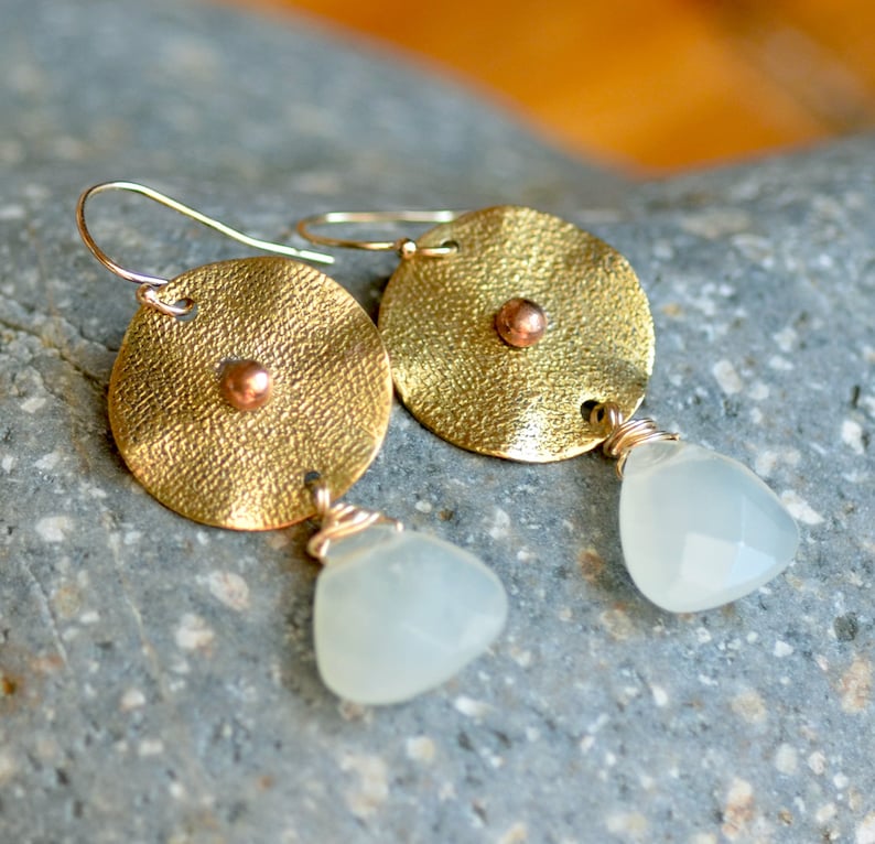 March birthstone LIME LIGHT Handmade jewelry. Teardrop gemstone earrings Brass and 14K gold filled earrings Aquamarine earrings