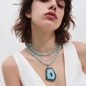 Blue Peruvian Opal Chain Necklace. Large Agate Sterling Silver Pendant.