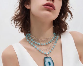 Blue Peruvian Opal Chain Necklace. Large Agate Sterling Silver Pendant.